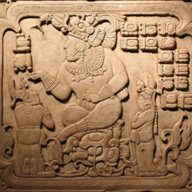 Cancuen, panel 3, seated king with two subordinates